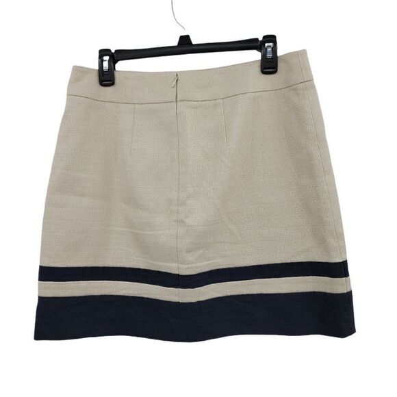 Ann Taylor Loft Tan Burlap Textured Linen Blend Navy Striped A-line Skirt Sz 8 - Picture 3 of 9